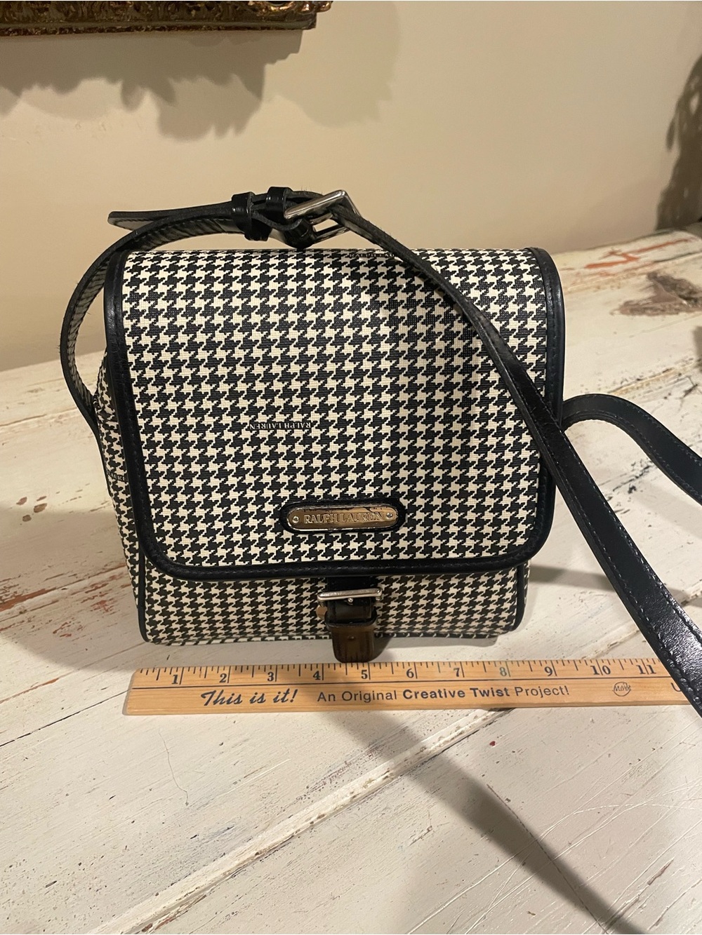 Vintage Ralph Lauren Black and White Houndstooth Crossbody Bag with Leather Trim